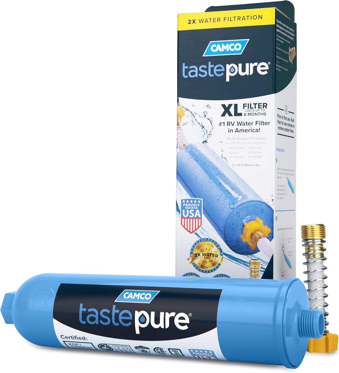 Camco Tastepure RV Water Filter - New & Advanced RV Inline Water Filter with Flexible Hose Protector - GAC & KDF Filtration - Made in USA - Camping Essentials for Fresh Drinking Water (40043)