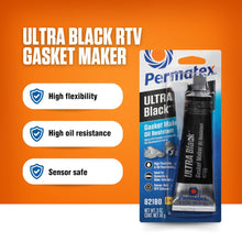 Permatex 82180 Ultra Black Maximum Oil Resistance RTV Silicone Gasket Maker, Sensor Safe And Non-Corrosive, For High Flex And Oil Resistant Applications 3 oz