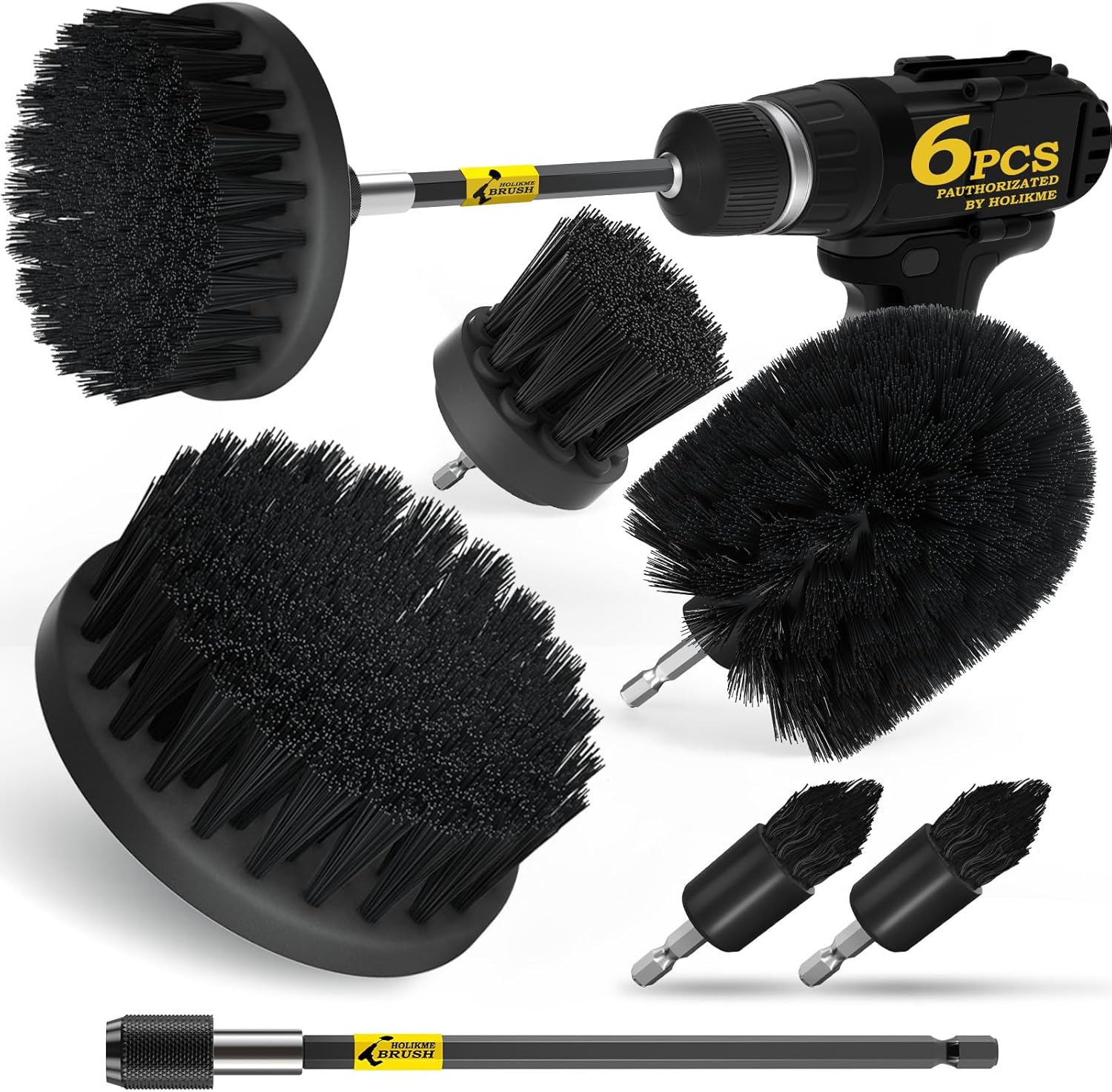 Holikme 6Pack Drill Brush Power Scrubber Cleaning Brush Extended Long Attachment Set All Purpose Drill Scrub Brushes Kit for Grout, Floor, Tub, Shower, Tile, Bathroom and Kitchen Surface,Yellow