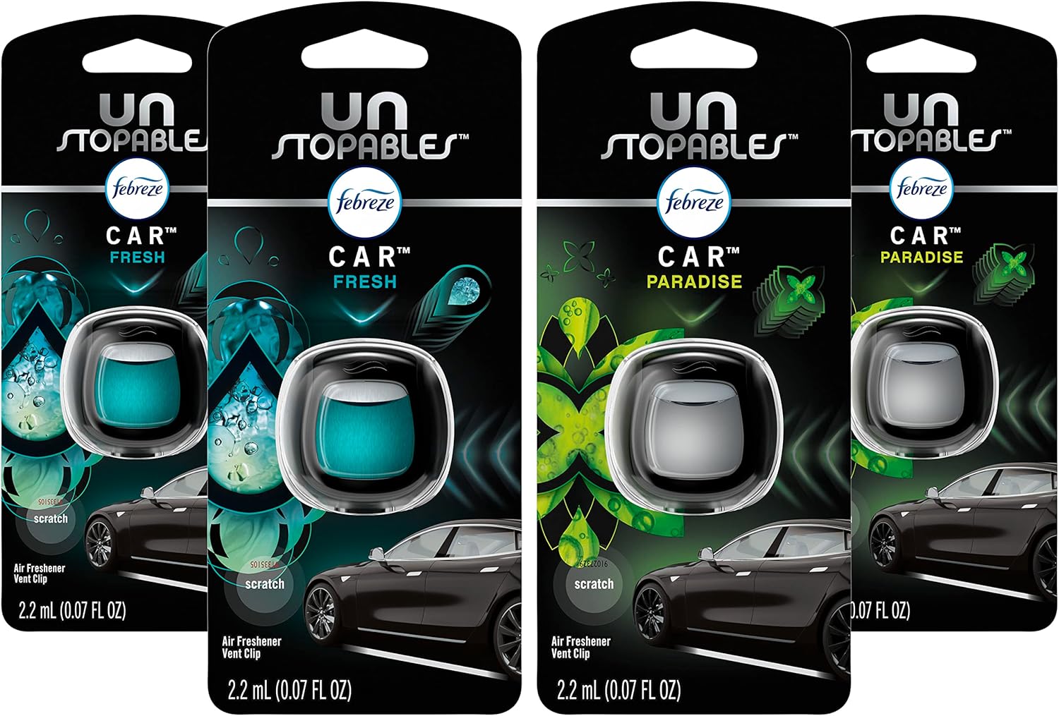 Febreze Unstopables Car Odor-Fighting Car Freshener Vent Clip Fresh Scent, .07 oz. Car Vent Clip, Pack of 4 (Packaging may vary)