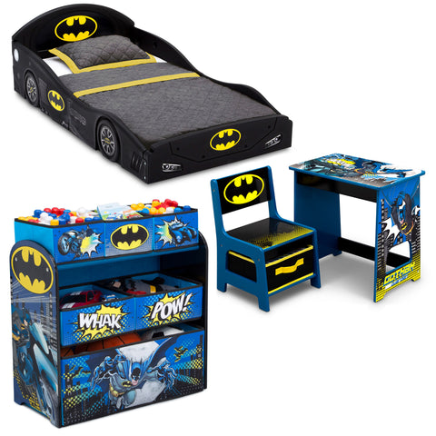 Batman 4-Piece Room-in-a-Box Bedroom Set by Delta Children - Includes Sleep & Play Toddler Bed, 6 Bin Design & Store Toy Organizer and Desk with Chair