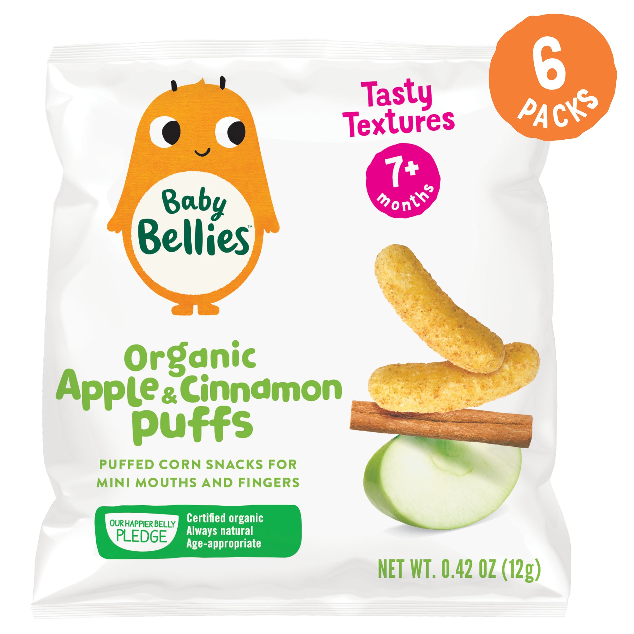(6 Pack) Little Bellies Stage 1 Organic Apple and Cinnamon Puffs Baby Snacks, 0.42 oz Bag