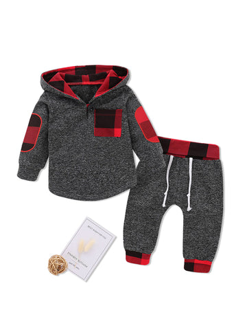 Stylish Plaid Design Long-sleeve Hooded Top and Pants Set for Baby