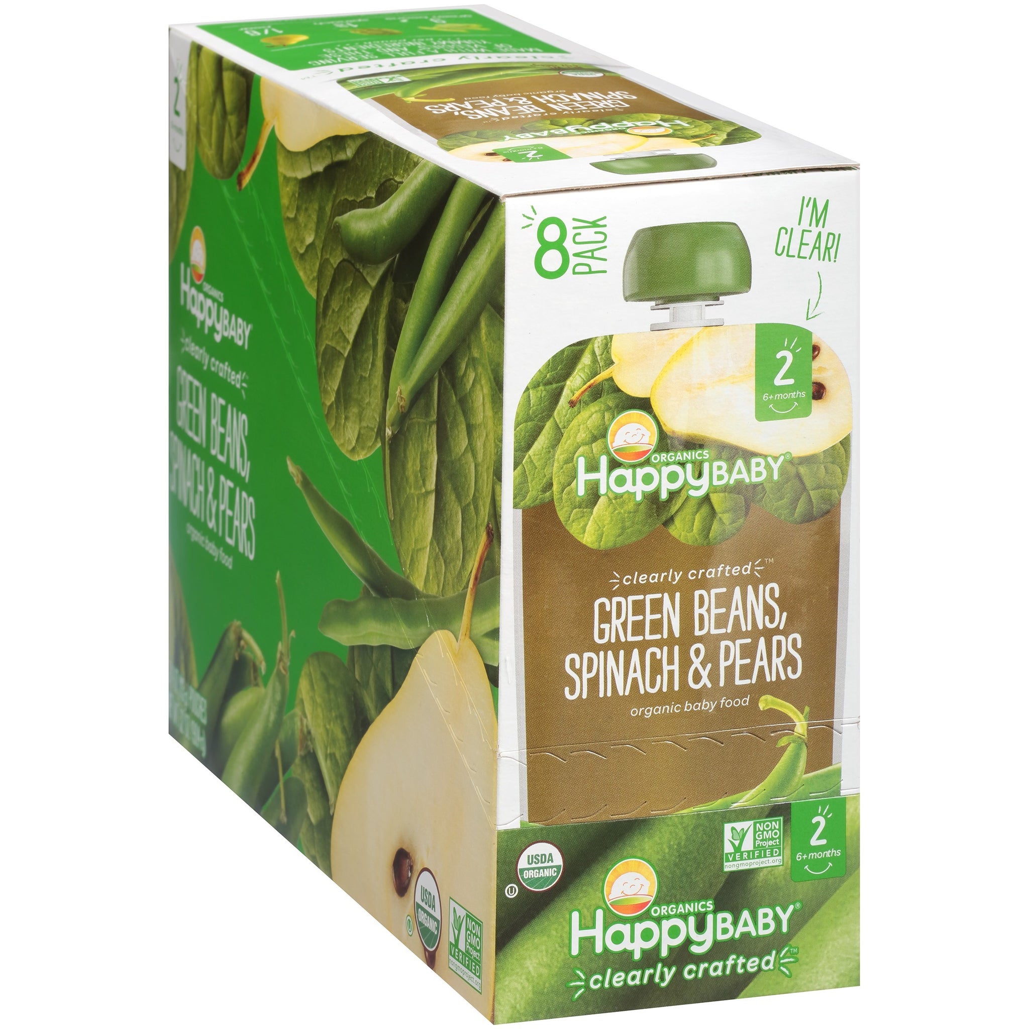(8 Pouches) Happy Baby Organics Clearly Crafted Green Beans, Spinach & Pears Organic Baby Food Pouch, 4 Oz.