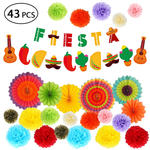 Cinco de Mayo Decorations - Fiesta Party Supplies Pack w/Colorful Paper Flowers, Hanging Paper Fans and Banner for Mexican Themed Party Decorations,Baby Shower, Bachelorette Party Carnivals - 43pcs