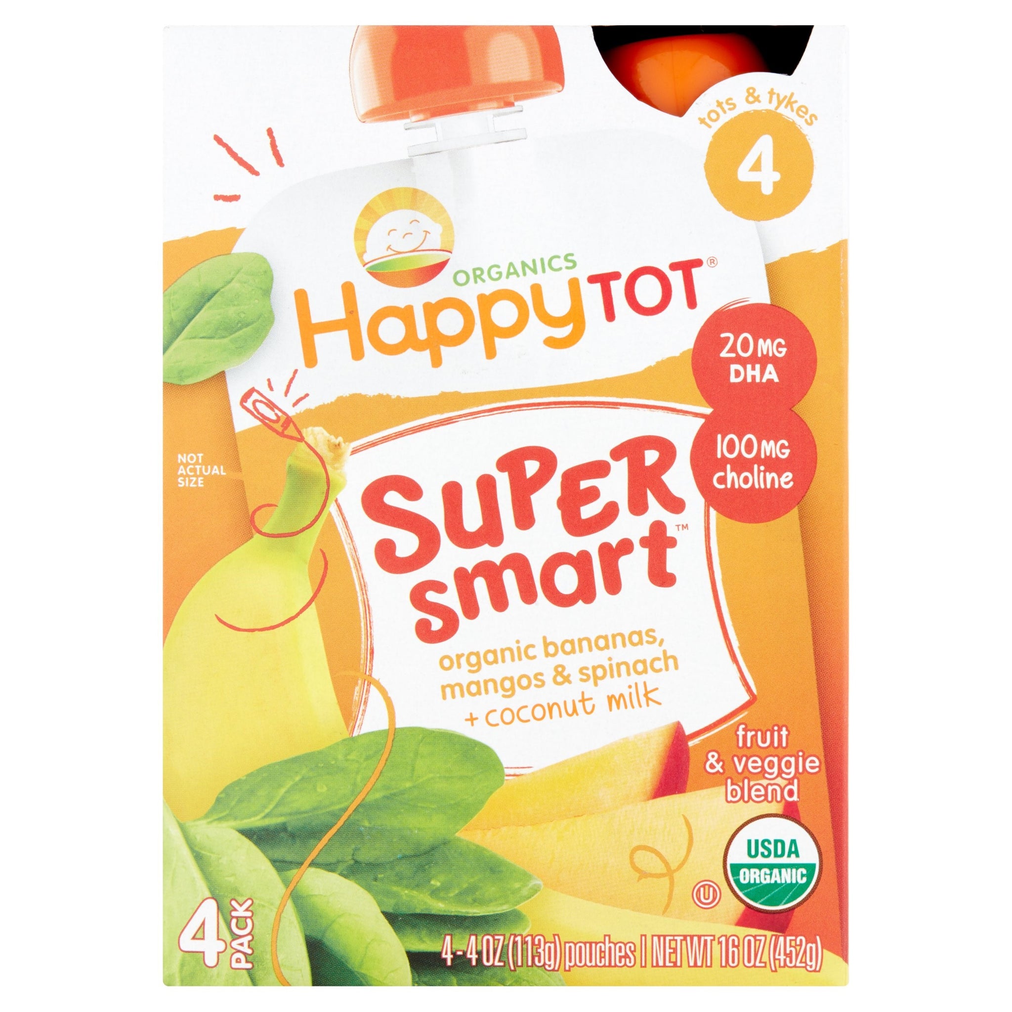 Happy Tot Organics Super Smart Fruit & Veggie Blend Stage 4 Tots & Tykes, 4 oz, 4 Count