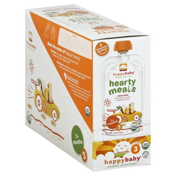 (8 Pouches) Happy Baby Hearty Meals, Stage 3, Organic Baby Food, Vegetables & Chicken with Quinoa - 4 oz