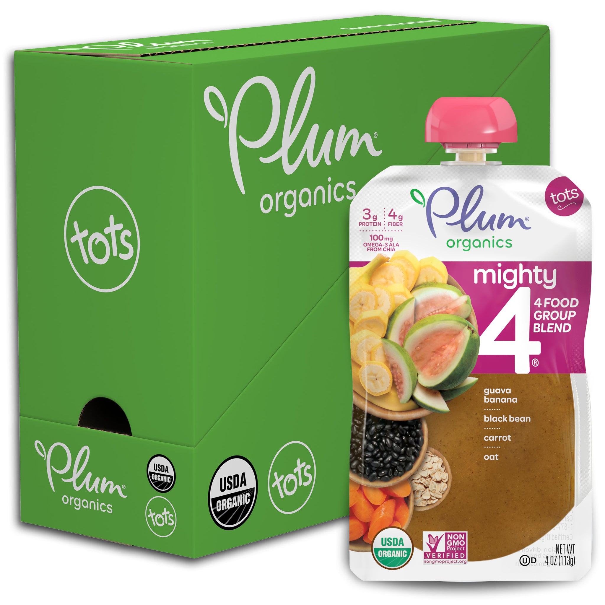 (6 Pouches) Plum Organics, Organic Toddler Food, Mighty 4, Guava, Banana, Black Bean, Carrot, Oat, 4oz