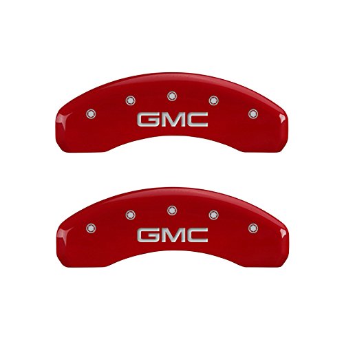 MGP Caliper Covers (34208SGMCRD) 'GMC' Engraved Front and Rear Caliper Cover with Red Powder Coat Finish and Silver Characters, (Set of 4)