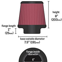 K&N Universal Clamp-On Air Filter: High Performance, Premium, Washable, Replacement Engine Filter: Flange Diameter: 6 In, Filter Height: 8 In, Flange Length: 1 In, Shape: Round Tapered, RF-1020