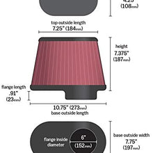 Airaid 720-472 Universal Clamp-On Air Filter: Oval Tapered; 6 Inch (152 mm) Flange ID; 9 Inch (229 mm) Height; 10.75 Inch x 7.75 Inch (273 mm x 197 mm) Base; 7.25 Inch x 4.25 Inch (184 mm x108 mm) Top