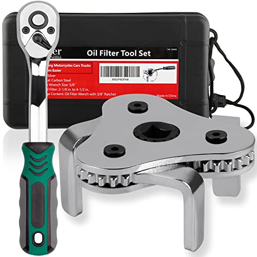 Moker Universal Oil Filter Wrench - Adjustable 3 Jaw Oil Filter Remover Tools from 2-1/8 to 4-1/2 inch(54-115mm),with 72 Tooth Quick Release Ratchet - Storage Case Included
