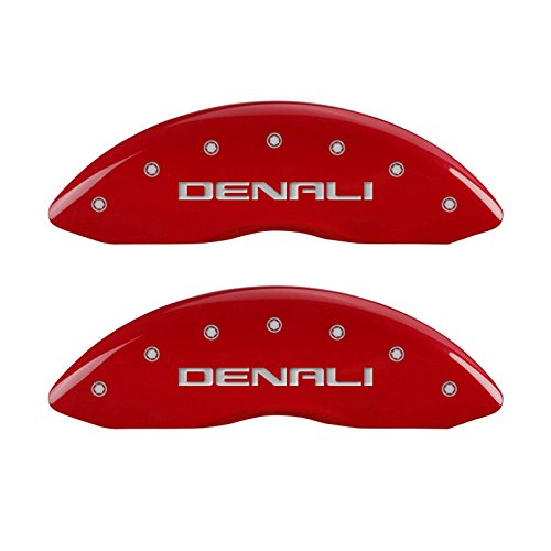 MGP Caliper Covers 34208SDNLRD Red Powder Coat Finish Front and Rear Caliper Cover, Set of 4 (Denali Silver Characters, Engraved)