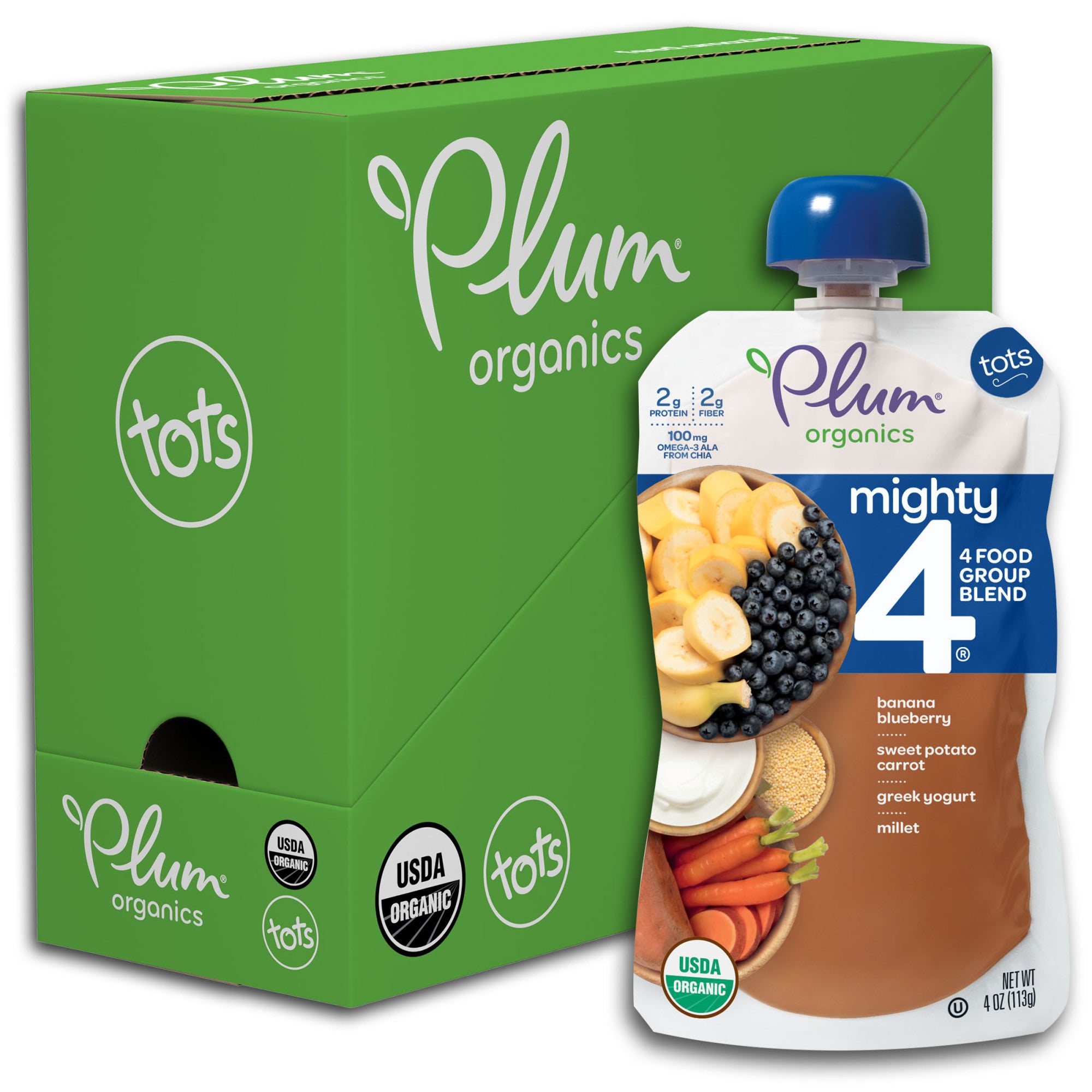 Plum Organics Mighty 4, Organic Toddler Food, Banana, Blueberry, Sweet Potato, Carrot, Greek Yogurt & Millet, 4oz Pouch (Pack of 6)