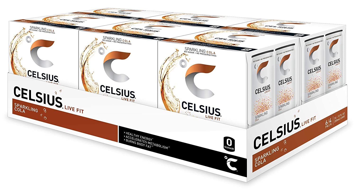 CELSIUS Sparkling Cola Fitness Drink, Zero Sugar, 12oz. Slim Can 4-Packs, 24 Cans Total