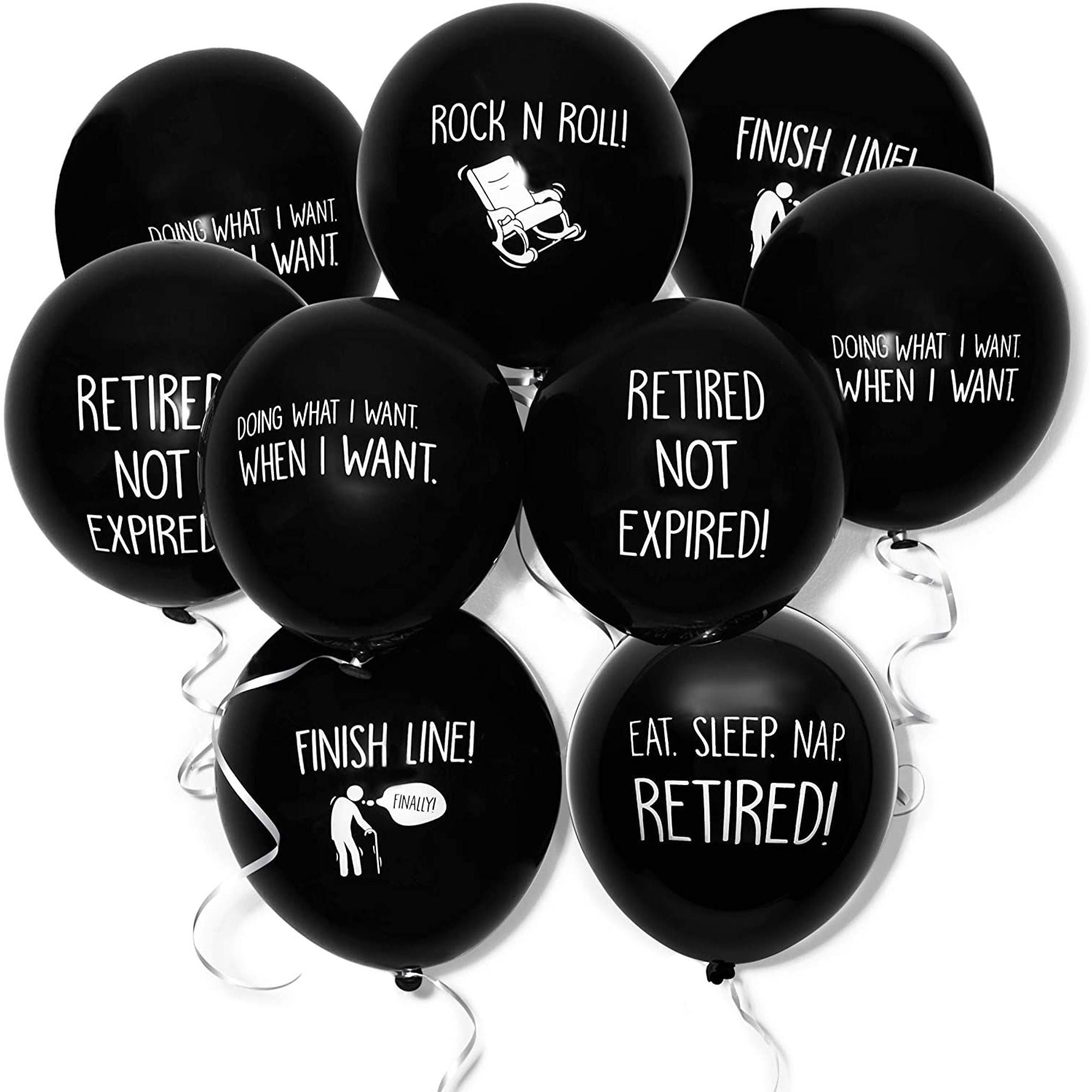 50-Pack Latex Balloons in Funny Retirement Sayings for Retirement Party Supplies and Decorations, 12” Black, Ribbon Included