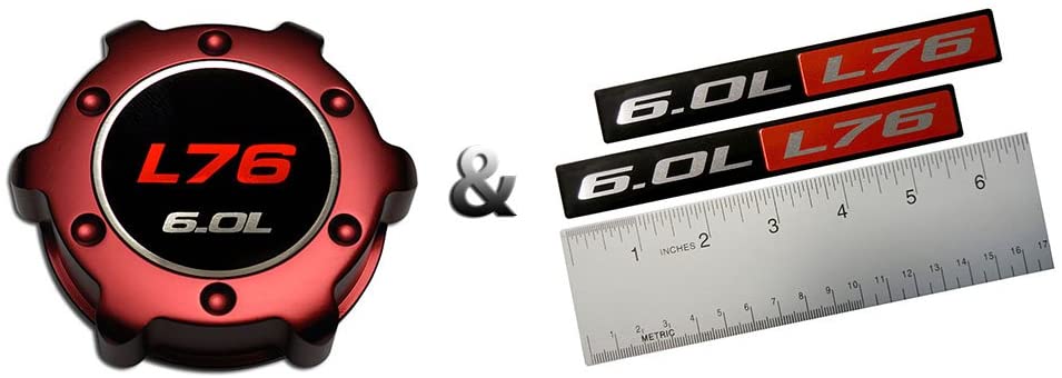 VMS RACING COMBO RED L76 6.0L OIL CAP in Billet Aluminum + (pack of 2) RED BLACK 6.0L Liter L76 Real Aluminum Engine Hood Emblem Badge Nameplate Crate Compatible with Pontiac G8 V8 Holden HSV