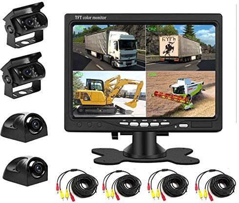 Backup Camera Kit 7 inch 4-Spilt Monitor Rear View Cameras with IP 67 Waterproof 18 IR Night Vision Car Camera for Tucks, RVs,Trailers,Bus,Vans + 4pcs 10m/393.7inch Cables