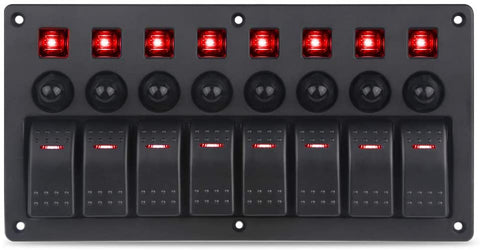 WATERWICH Marine Boat Car 8 Gang ON-Off Ignition 3 Pin Waterproof Toggle Rocker Switch Panel 12V/24V Circuit Breaker Blue LED Indicator for RV Vehicle Truck Trailer Yacht ATV (8 Gang Red)