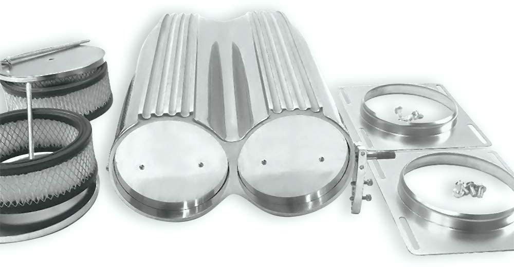 DEMOTOR PERFORMANCE Finned Polished Aluminum Double Barrel Shotgun Intake Air Hood Scoop Kit Hotrod