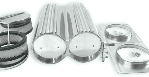 DEMOTOR PERFORMANCE Finned Polished Aluminum Double Barrel Shotgun Intake Air Hood Scoop Kit Hotrod