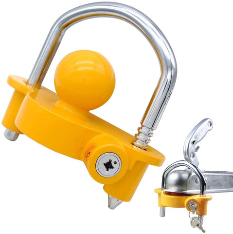 OKLEAD Universal Coupler Lock Trailer Hitch Lock Adjustable Storage Security Heavy-Duty Steel fits 1-7/8 Inch, 2 Inch, 2-5/16 Inch Couplers Yellow