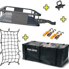 Mockins Steel Cargo Basket | 60" L X 20" W X 6" H Hitch Mount Cargo Carrier with Cargo Bag and Net | with a Hauling Weight of 500 lbs & a Folding Arm to Preserve Space When Not in Use