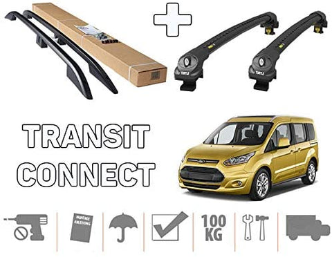 Crown Remanufacturing to fit Ford Transit/Tourneo Connect LWB Roof Rails+Cross Bars 2014+ (Black)