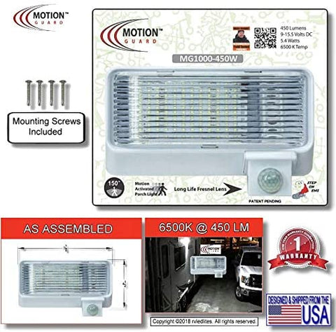 MG1000-450W, 12 Volt Exterior Motion Sensor RV LED Porch Utility Light, American Designed Bright RV Security Motion Porch Light, White