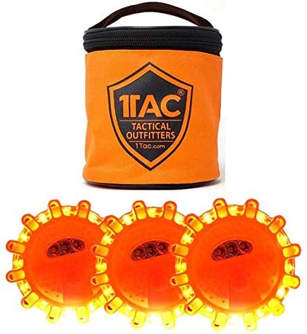1TAC 3Pack LED Road Flare Discs with Zip Pouch 15 LED Emitters Per Disc 9 Modes of Emergency Light Magnetic Base Utility Hook Waterproof Crush Proof Shock Proof Can Be Seen Up to 5000 Feet Away