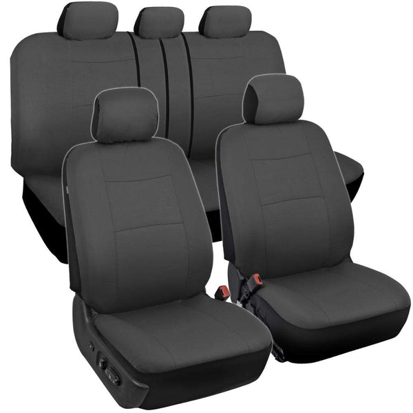 BDK Charcoal Black Car Seat Covers Full 9pc Set - Sleek & Stylish - Split Option Bench 5 Headrests Front & Rear Bench - OS-309-AC