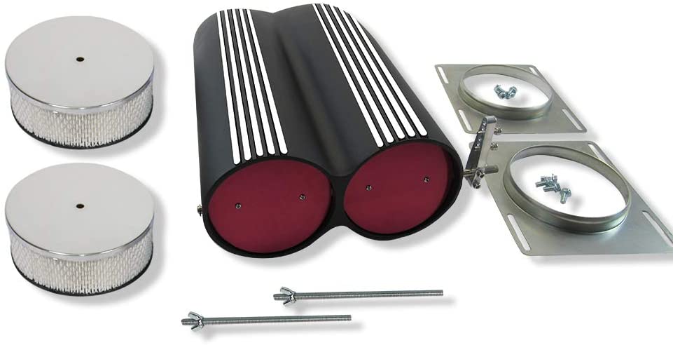 DEMOTOR PERFORMANCE Finned Aluminum Double Barrel Shotgun Intake Air Hood Scoop Kit Hotrod Black