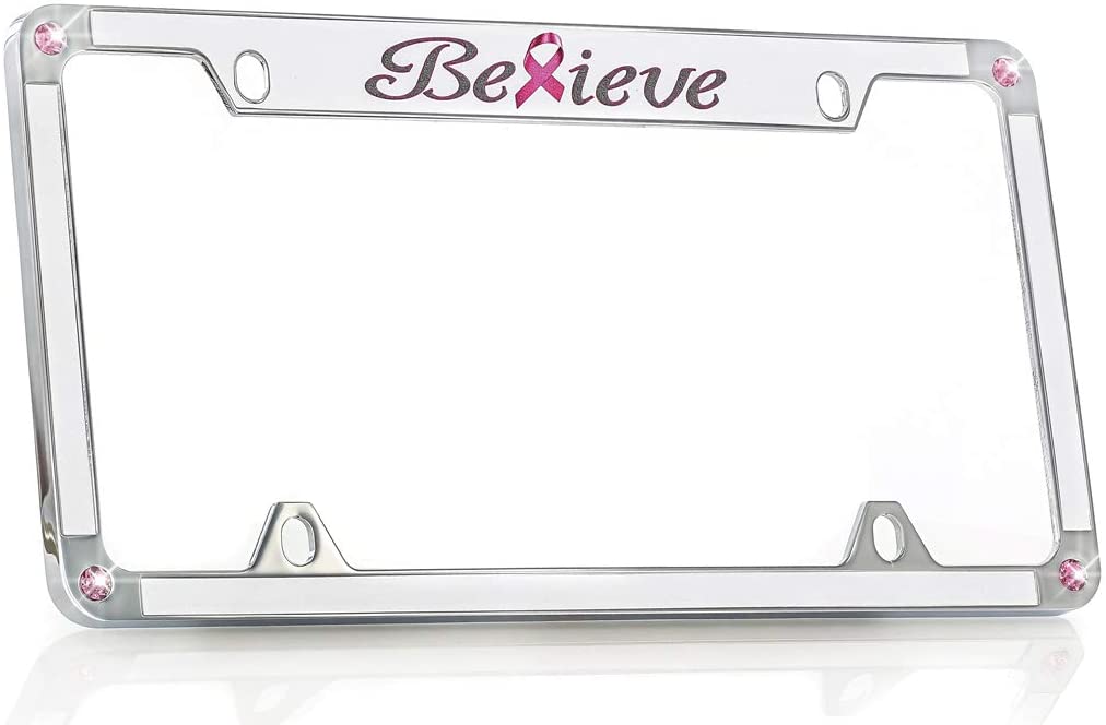 Warrior Breast Cancer Pink Ribbon ‘Believe’ License Frame Designed with Pink Crystals from Swarovski