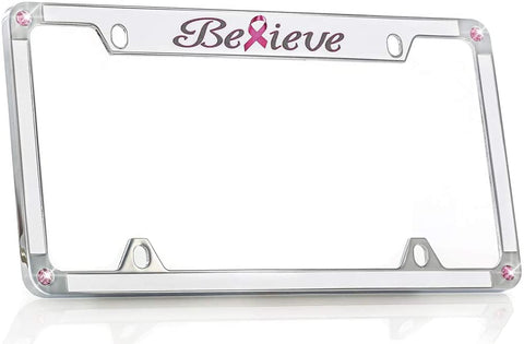Warrior Breast Cancer Pink Ribbon ‘Believe’ License Frame Designed with Pink Crystals from Swarovski