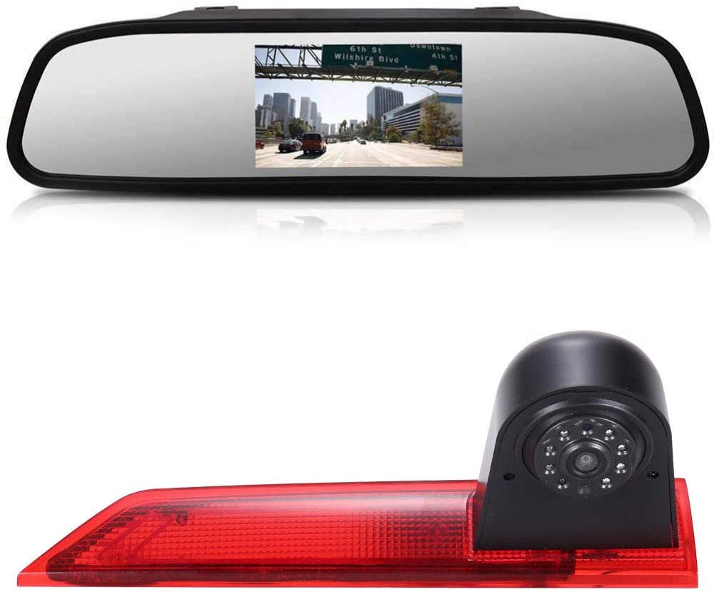 HD Third Roof Top Mount Brake Lamp Reverse Rear View Backup Camera Angle and Distance Adjustable IR Night Vision for Ford Transit Custom Transporter Business MPV SUV (Reversing Camera+7