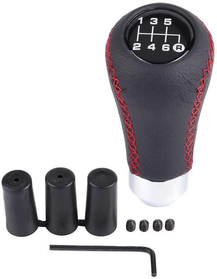 Qiilu Gear Shift Lever Knob Stick Head, Universal Car Vehicle 6 Speed Gear Shift Knob PU Shifter Stick with 3 Hoses (Red) (Red)