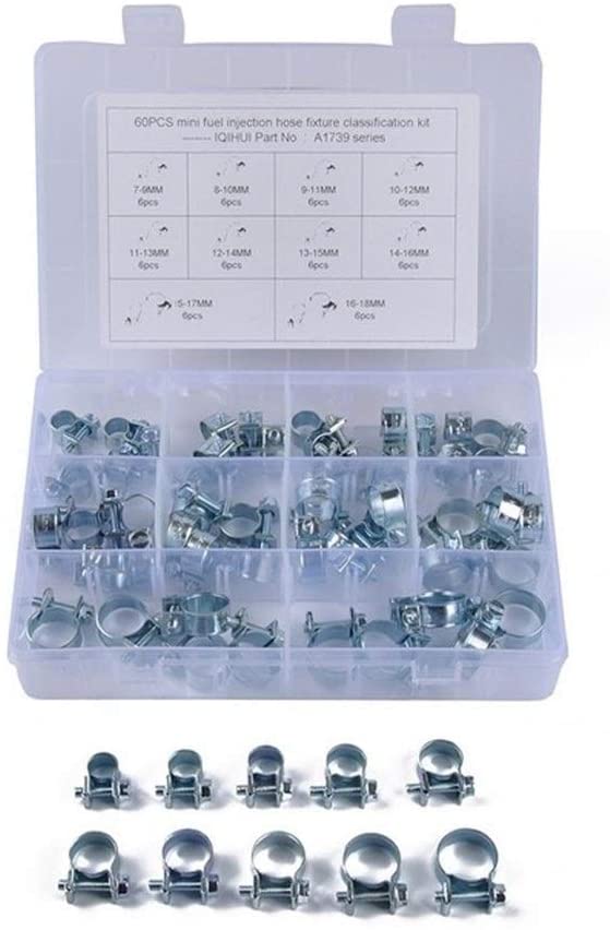 Weiyang 60pcs/Set 7-18MM 10 Sizes Strong Mini Pipe Hose Clamp for Fuel Hose Clip (Color : Silver) (Silver)