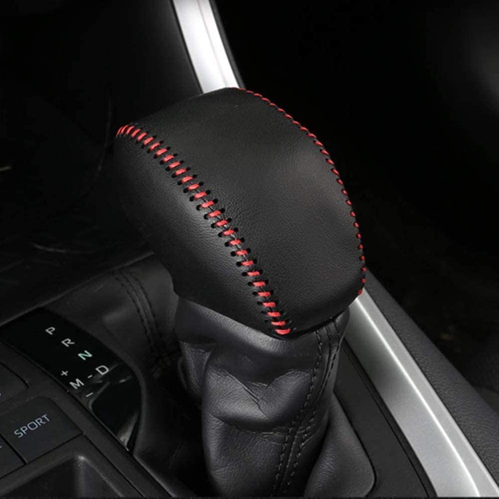 BOYUER Car Gear Shift Cover, Genuine Leather Shift Lever Cover Gear Shift Knob Cover Compatible with Toyota 2019 2020 RAV4(Red Stitches)