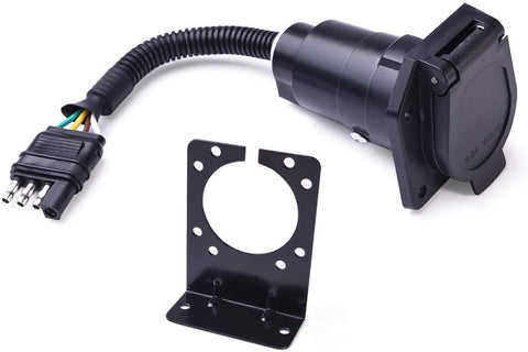 SnowyFox 4 Flat to 7 Way Round Trailer Light Adapter Plug 6-24V for Trailer RV Boat Car with Mounting Bracket