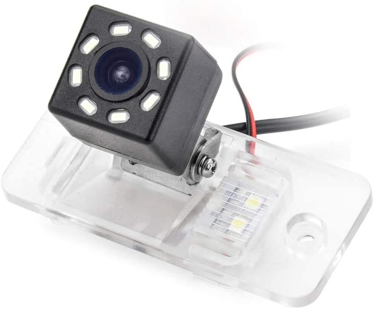 eHANGO Car Rear View Camera with 4 Pin to RCA Cable Bracket License Plate Lights Housing Mount for Audi A3 S3 8P A4 B5 S4 B6 B7 8E 8H A6 C6 S6 RS6 Q7 A8 (12 LED)