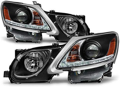 For 2006-2011 Lexus GS300 GS350 Xenon HID Type LED Strip w/DRL Black Headlights Headlamps Replacement Pair