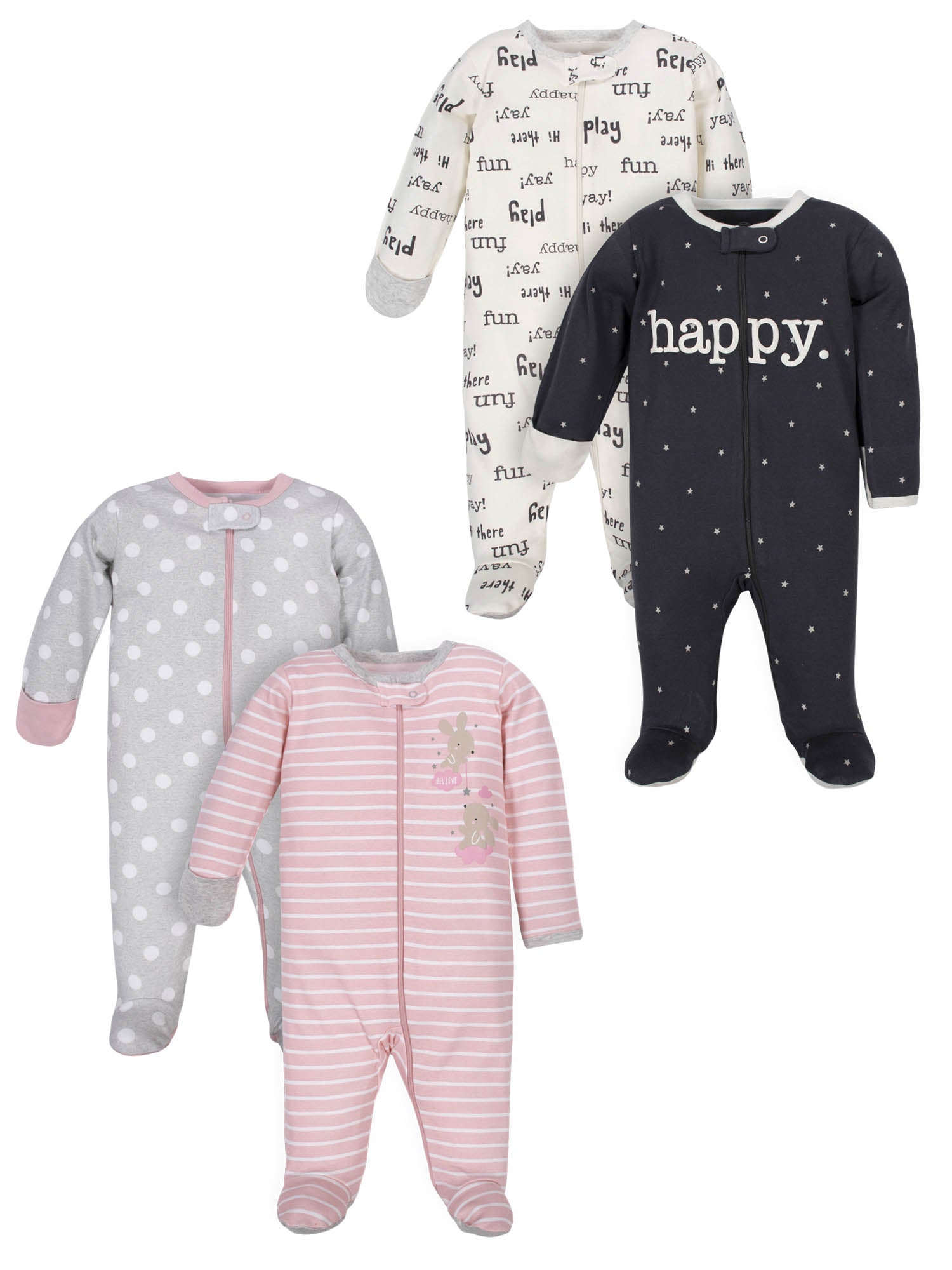 Wonder Nation Baby Girl Pajamas Zip-up Sleep 'N Play Sleepers, 4-Pack