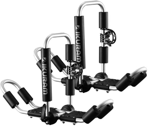 IKURAM Kayak/Surf/Ski Roof Carrier Rack of Bilateral Premier J-Style Folding 4-in-1 for Canoe, SUP, Kayaks, Surfboard and Ski Board Rooftop Mount on SUV, Car and Truck
