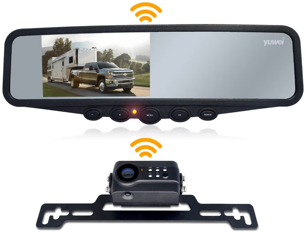 Wireless Backup Camera System, IP69K Waterproof Wireless License Plate Rear View Camera, Night Vision and 4.3’’ Wireless Mirror Monitor for Cars, Trailer, RV, Pickup Trucks, Cargo Vans, etc.
