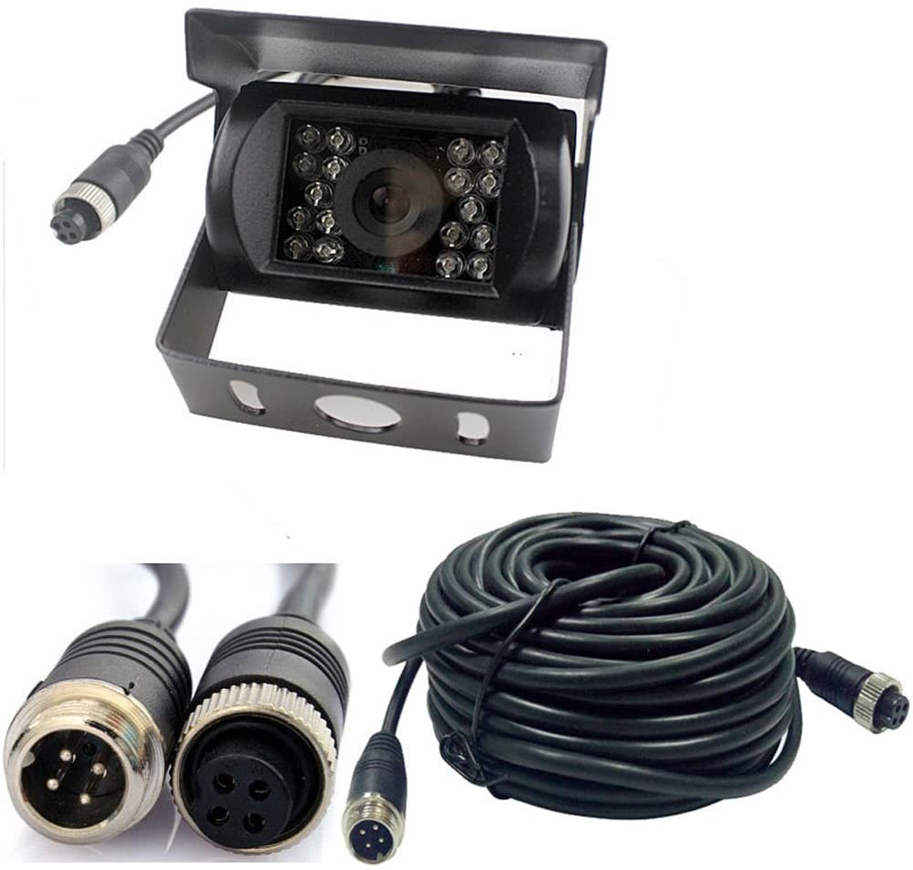 4 Pin Vehicle Backup Camera 12V/24V,18 LED IR Night Vision CCD Car Rear View Parking Reverse Camera + 4Pin Connector 20m/65ft Extension Cable for Bus Truck Camper Lorry Heavy Duty (4Pin Black Camera With 20m)