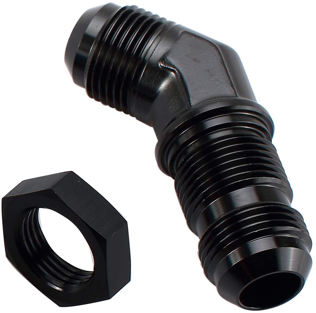 Performance Aluminum 45 Degree -6 AN Male Flare Union Bulkhead Fuel Fitting with AN6 Bulkhead Nut, Black
