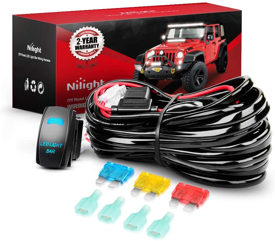 Nilight LED Light Bar Wiring Harness Kit 14AWG Heavy Duty 12V 5Pin Rocker Switch Laser On off Waterproof Switch Power Relay Blade Fuse-2 Leads,2 Years Warranty