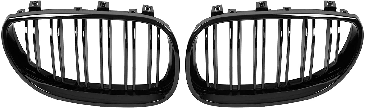 X AUTOHAUX 1 Pair Glossy Black Car Hood Kidney Bars Front Grille Double Line 4 Door for BMW E60 2003-2009