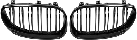 X AUTOHAUX 1 Pair Glossy Black Car Hood Kidney Bars Front Grille Double Line 4 Door for BMW E60 2003-2009