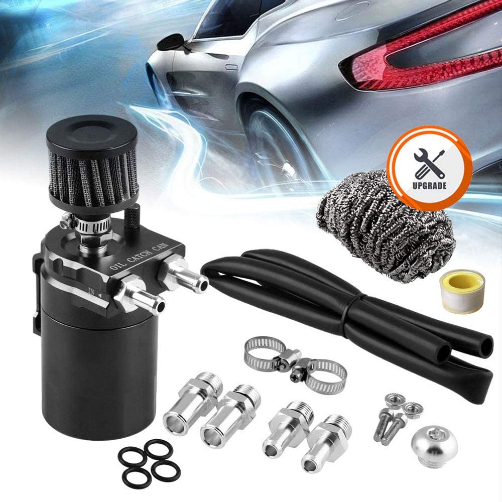 Ruien Universal 350ml Oil Catch Can Tank with Breather Aluminum Compact Dual Cylinder Polish Baffled Engine Air Oil Separator Tank Reservoir Kit Black